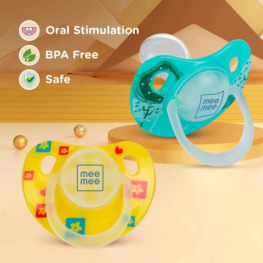 MeeMee Pacifier Soft Silicone Nipple| BPA Free | Oral Stimulatory | Teether - Pack of 2 Soother (Yellow,Green)