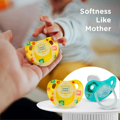 MeeMee Pacifier Soft Silicone Nipple| BPA Free | Oral Stimulatory | Teether - Pack of 2 Soother (Yellow,Green)