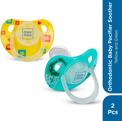 MeeMee Pacifier Soft Silicone Nipple| BPA Free | Oral Stimulatory | Teether - Pack of 2 Soother (Yellow,Green)